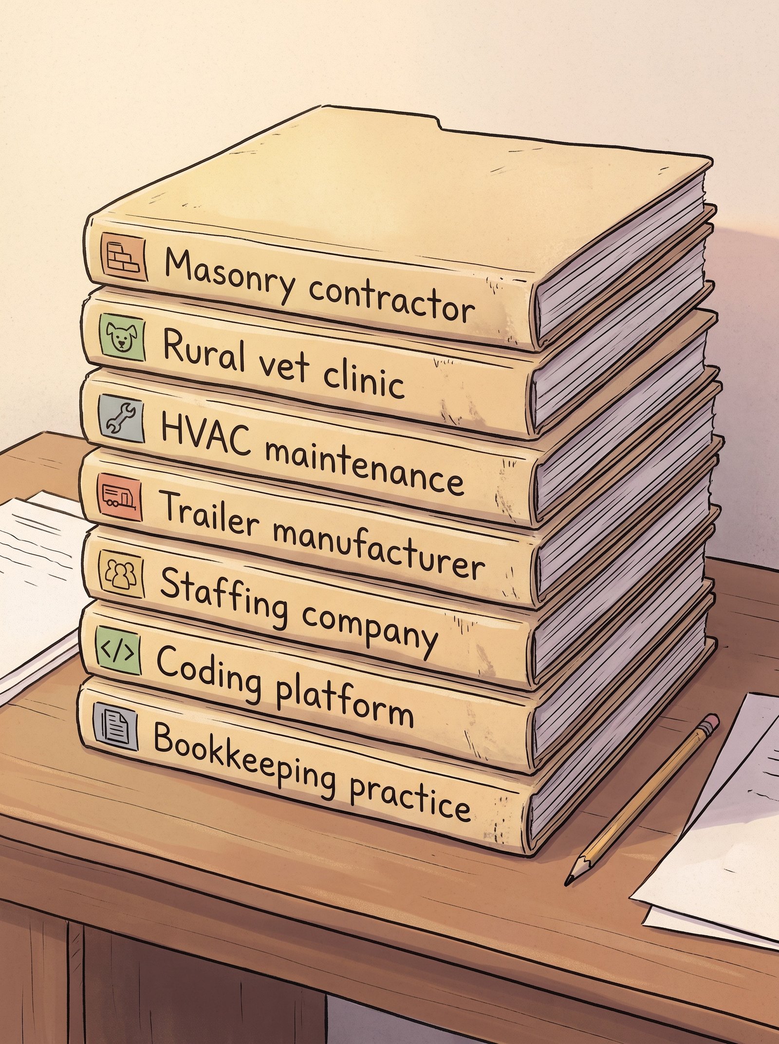Seven illustrated business folders: masonry, veterinary, HVAC, trailers, staffing, coding and bookkeeping.
